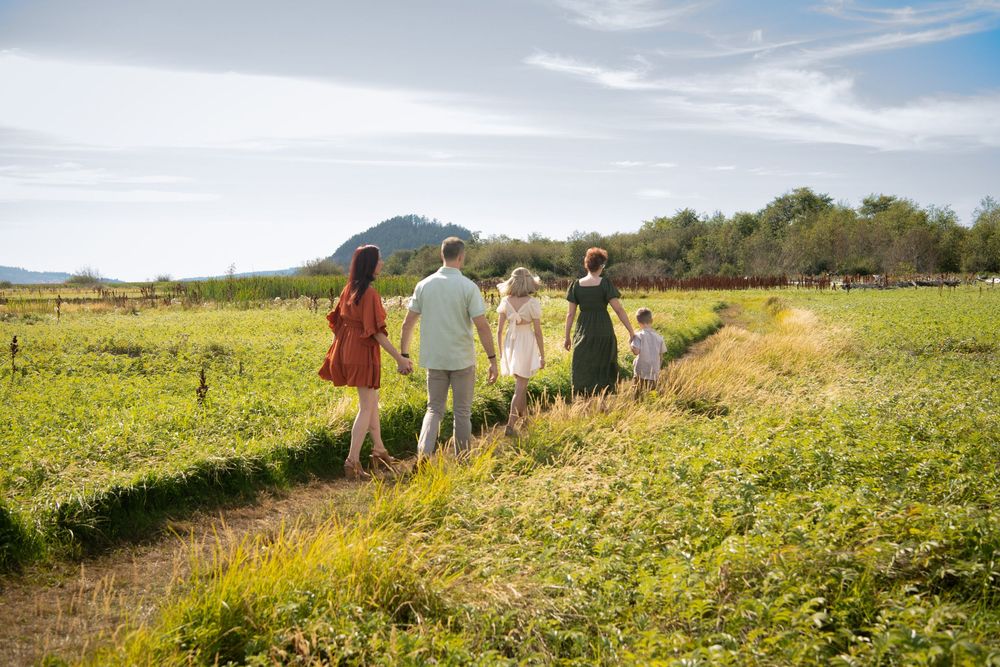 People walking through a vibrant yellow wildflower field on a sunny day with mountains in the background.