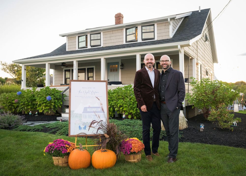 A series of exterior house photos showing pumpkins and fall decorations in front yards and porches.
