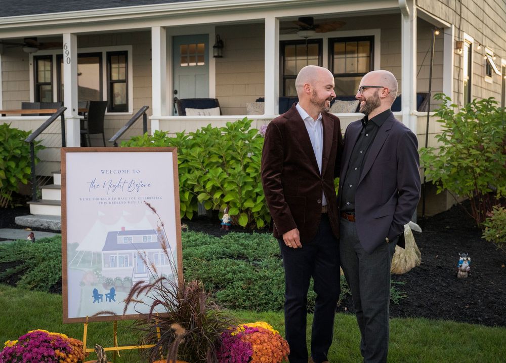 A series of outdoor business meetings shown in six connected photos with people conversing near building entrances.