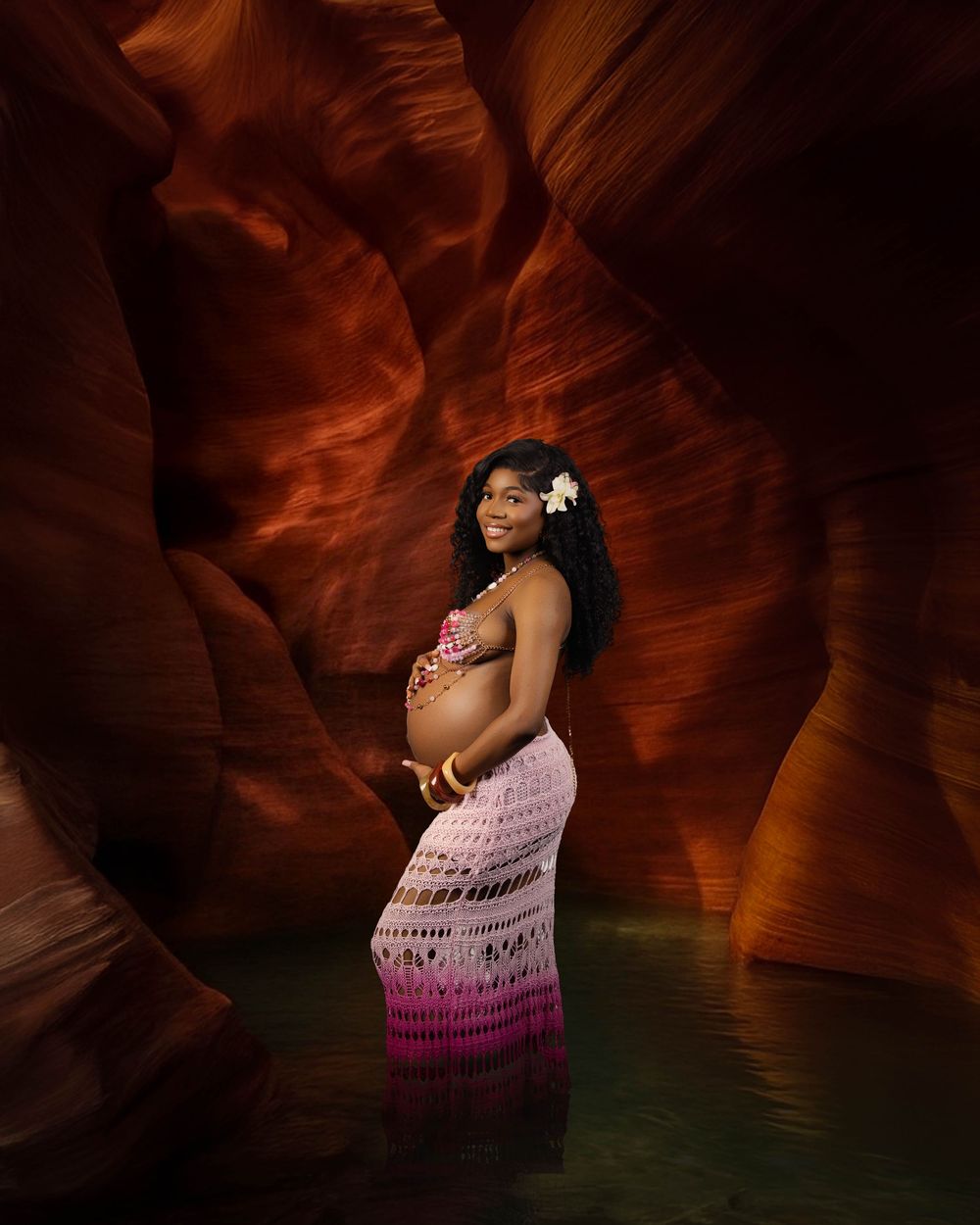 A series of photos showing a person in a pink ombre dress posing against dramatic red canyon walls in Antelope Canyon.