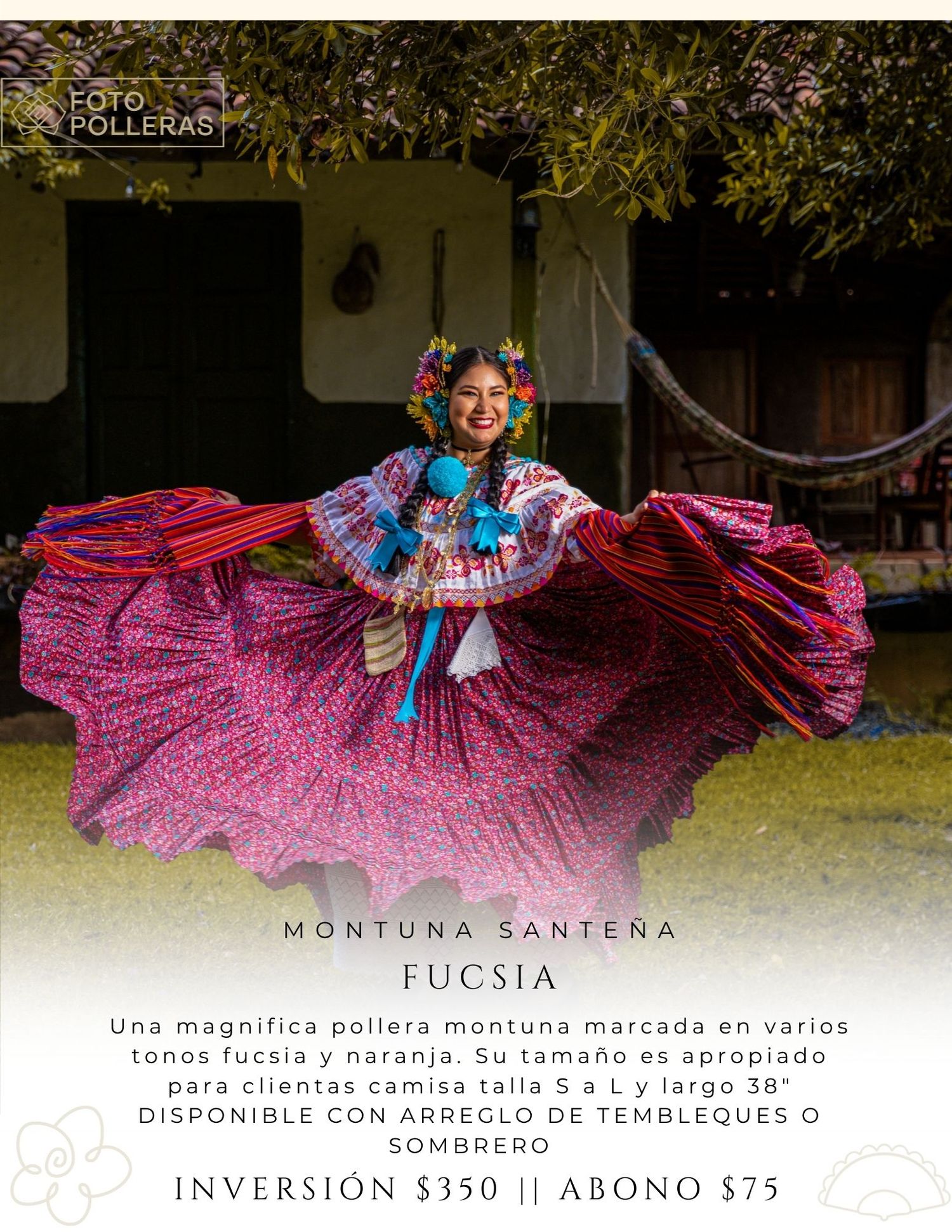 mujer con una pollera blanca de organza y tembleques de colores en atardecer en el casco antiguo