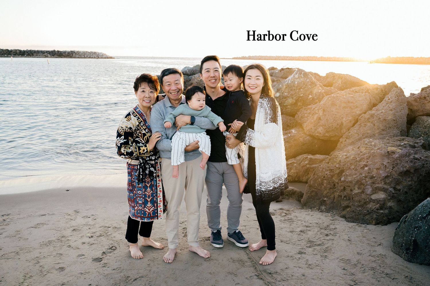 A collection of beachside family photos at Harbor Cove during golden hour sunset shows joyful moments on the sand.