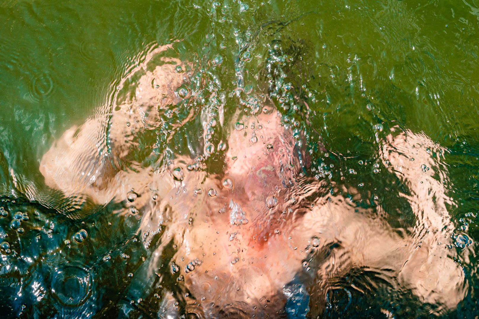 Abstract underwater view showing a distorted figure swimming beneath rippling green water.