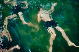 Aerial view of swirling green and beige patterns in lake waters, showing human forms underwater.