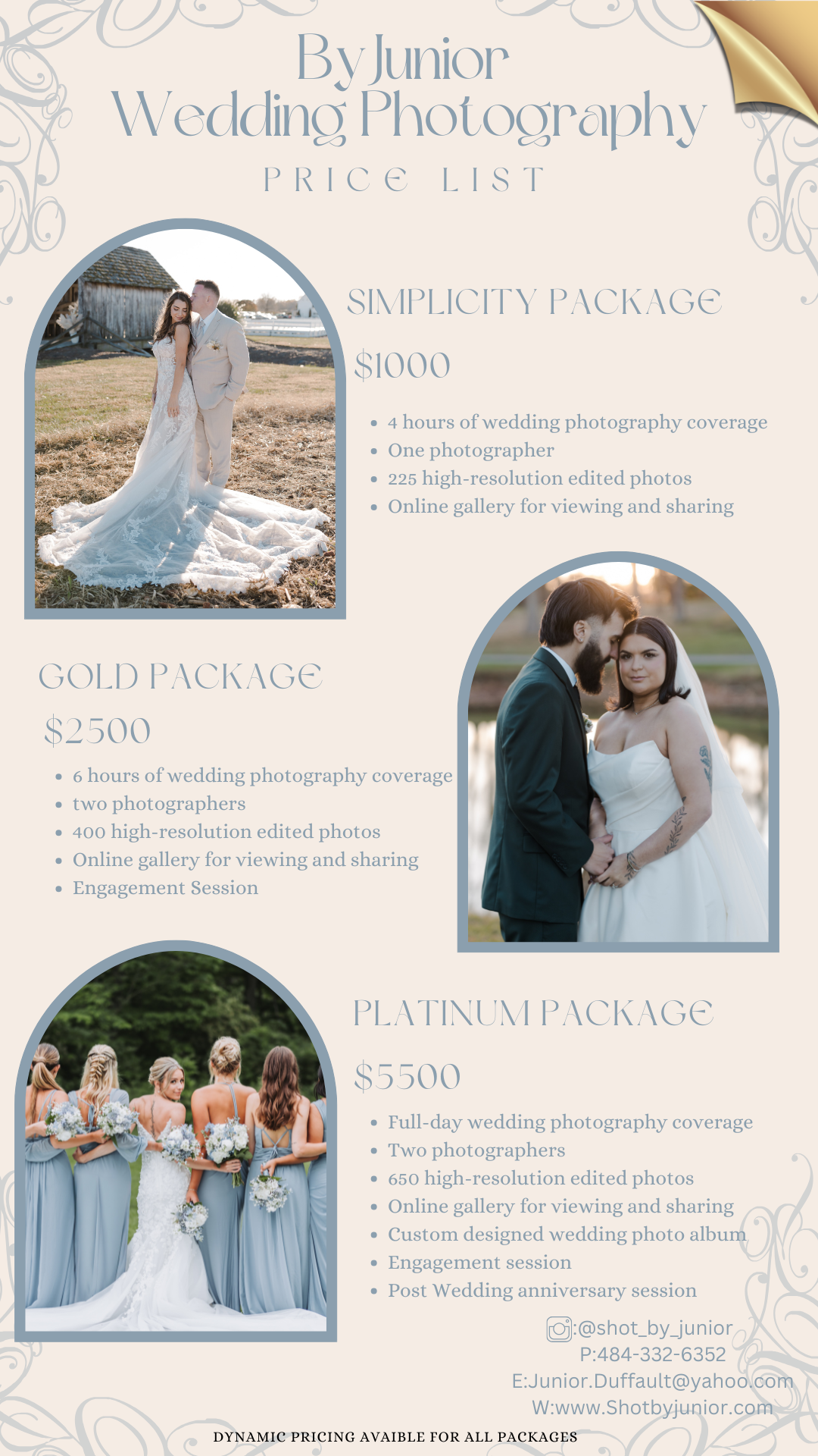 Wedding photography pricing guide showing three packages with sample photos and service details.
