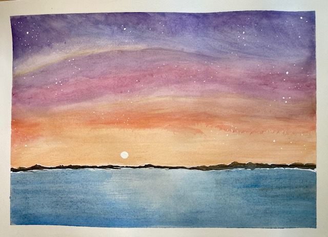 Watercolor sunset over a calm ocean with purple and orange sky reflecting on the water.