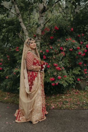 Traditional bridal portrait against a backdrop of red roses and greenery.