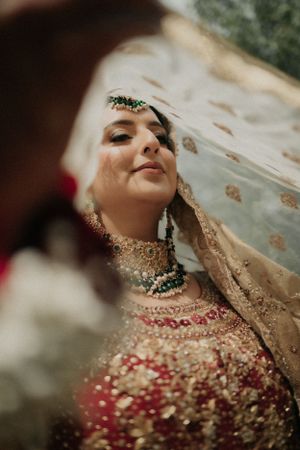 Close-up portrait through sheer veil showing ornate bridal jewelry and traditional South Asian wedding attire.