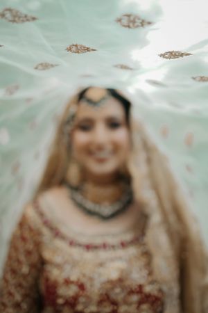 Soft focus portrait under embroidered veil showing traditional South Asian bridal attire.