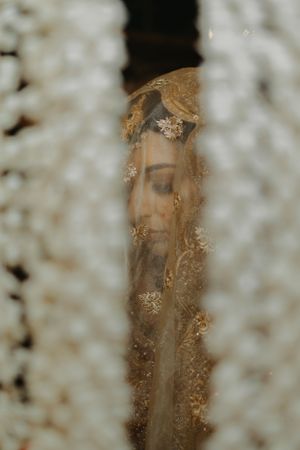 A veiled bride seen through delicate lace details in an artistic wedding portrait.