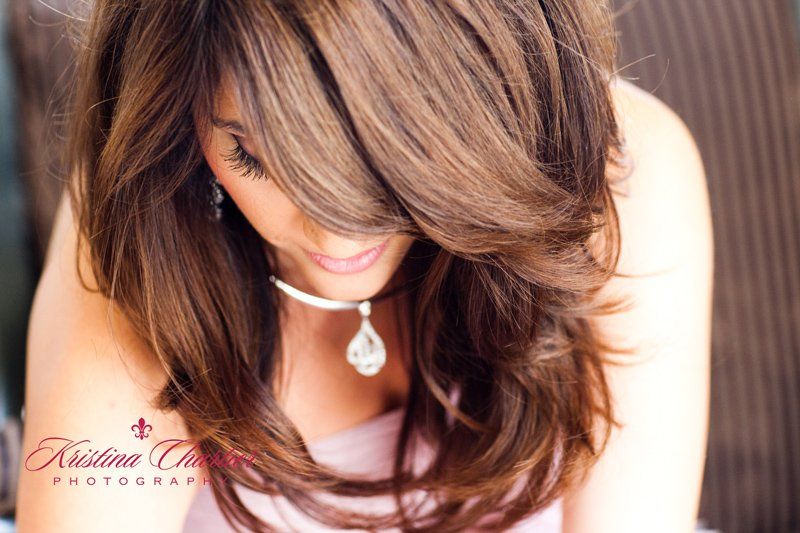 A series of hair styling photos showing brown layered haircuts with side bangs and subtle highlights.