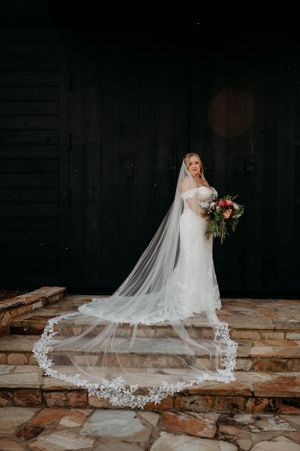 A bride in a lace gown with long flowing veil stands on stone steps against dark wooden walls.