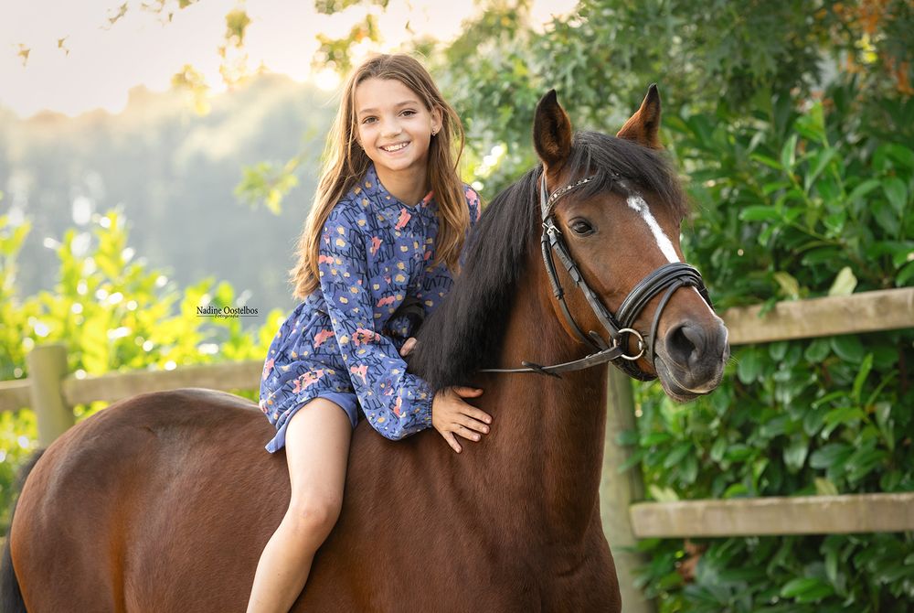 Horse and rider portraits in a lush garden setting with natural lighting.