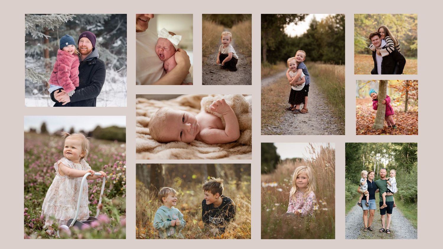 Kollage från några av mina barn- och familefotograferingar, samtliga i kollaget fotograferade i Skaraborg.