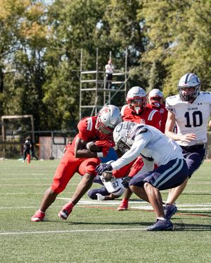 Football players from opposing teams engage in blocking play during game.
