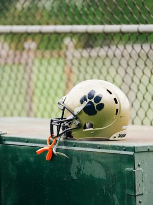 Football helmet with blue paw print logo resting on green equipment bench near chain link fence.