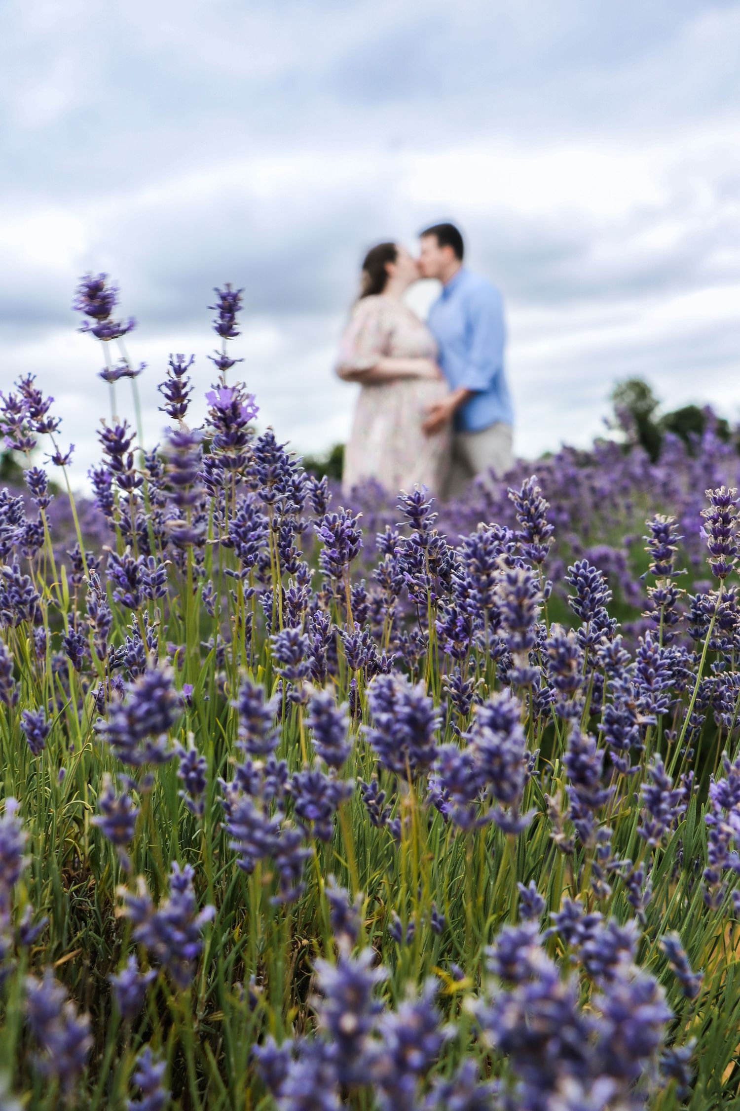 Purple lavender flowers in focus with blurred couple standing together in the background of a summer field.