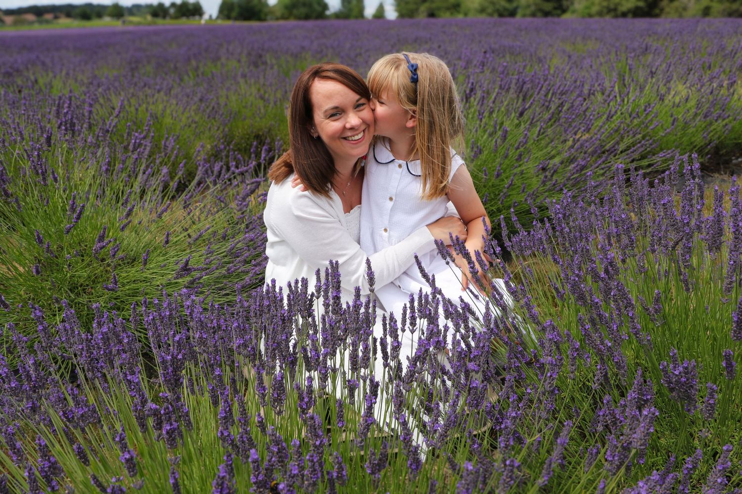 A person in a white dress walks through a vibrant purple lavender field on a sunny summer day.
