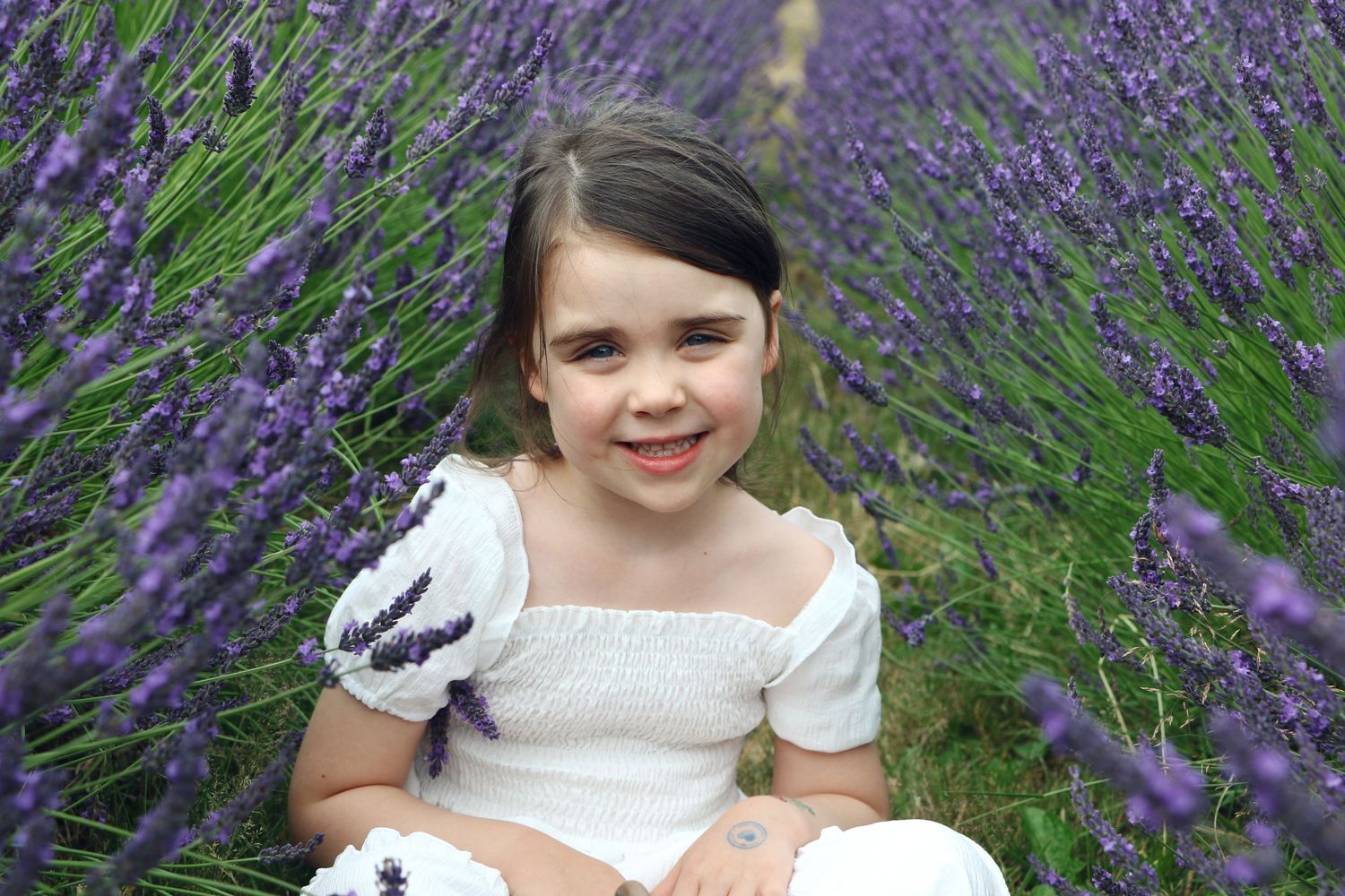 A white dress stands out beautifully against a backdrop of blooming purple lavender flowers in a garden setting.