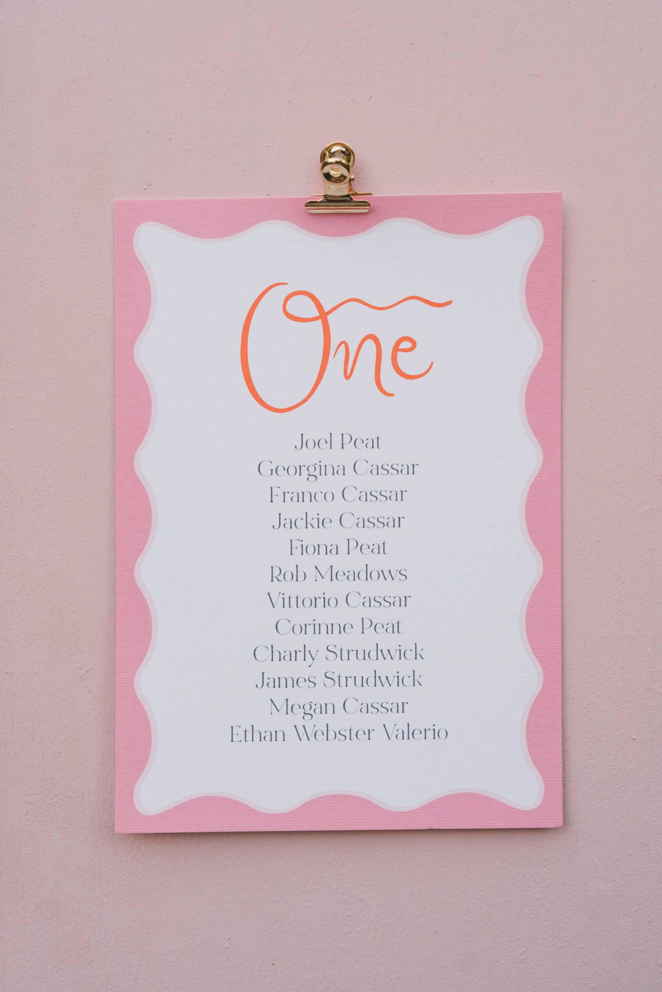 Pink and white wedding table seating chart with elegant calligraphy listing guest names in orange script.