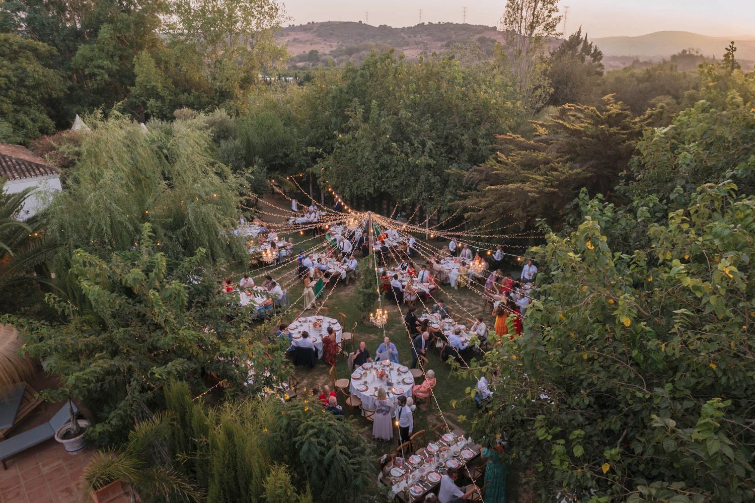Aerial view of outdoor wedding reception nestled among trees at sunset.