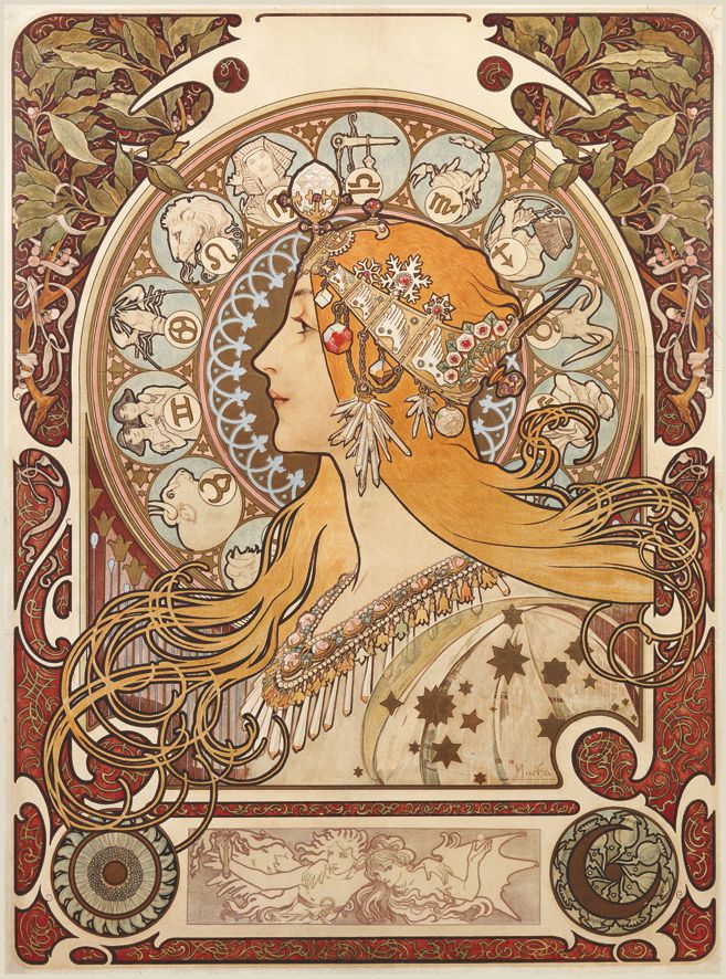Art Nouveau poster from 1900 featuring an ornate design of stylized zodiac symbols around a central figure with flowing hair.
