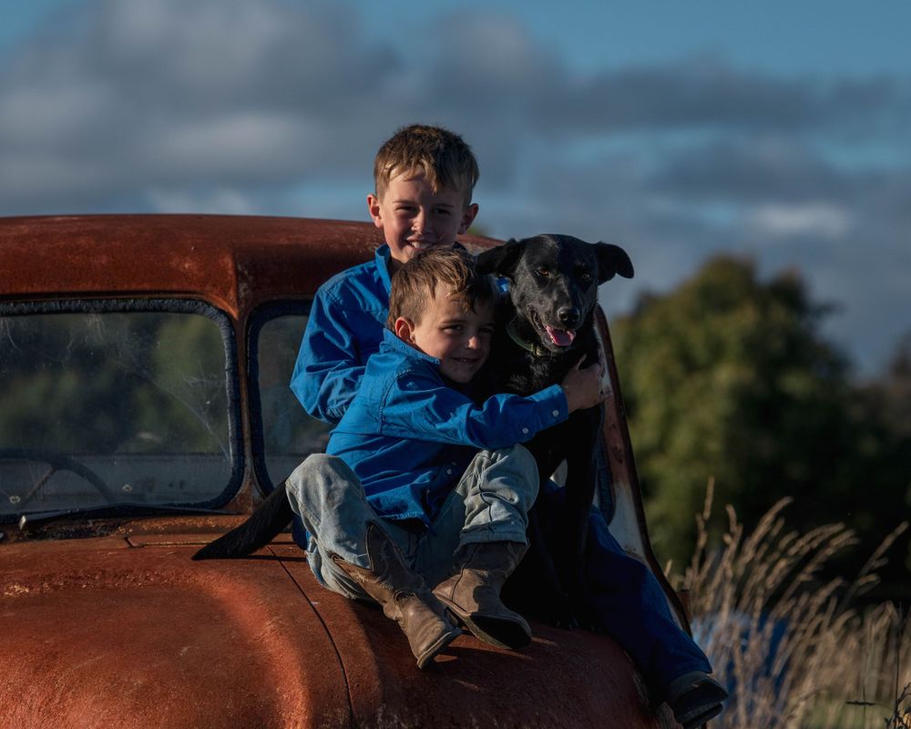 Child and dog sit together on hood of vintage red truck against blue sky.