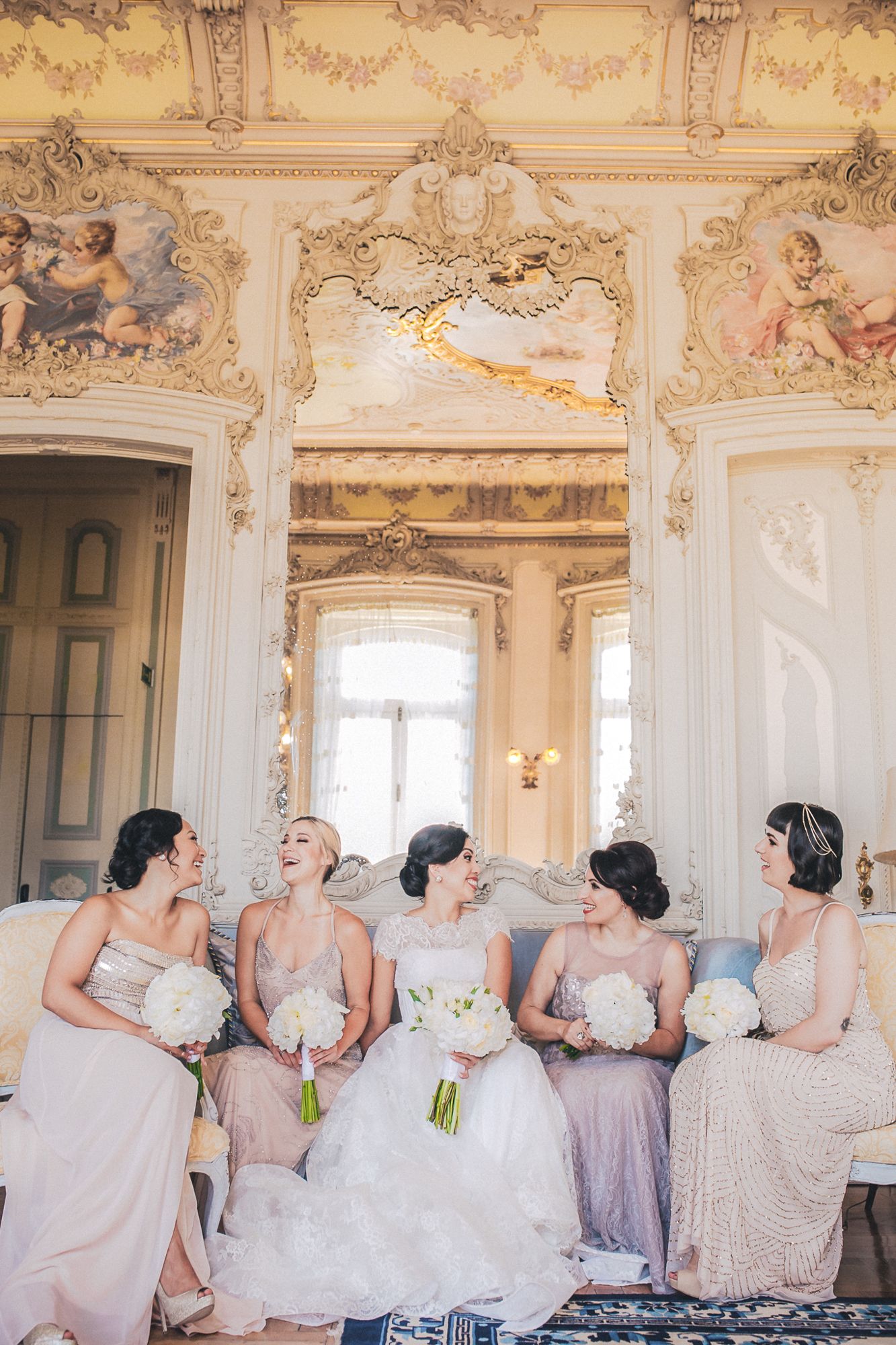 Bridal party / bridesmaids poses at Lisboa Pestana Palace. Captured in Portugal by a destination wedding photographer.