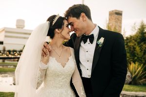 A bride and groom share intimate moments in their wedding attire across four romantic outdoor photos.