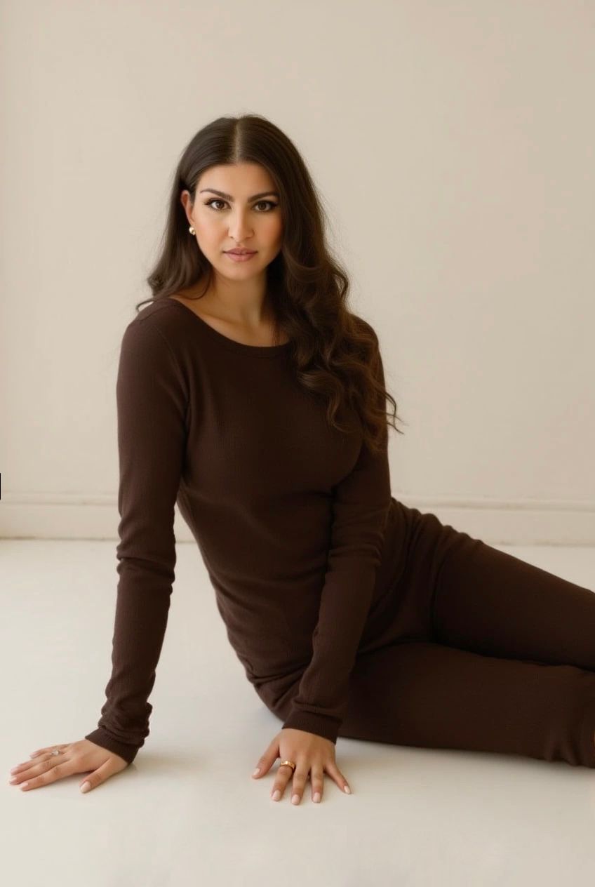 A person in a fitted brown knit sweater poses casually against a white background.