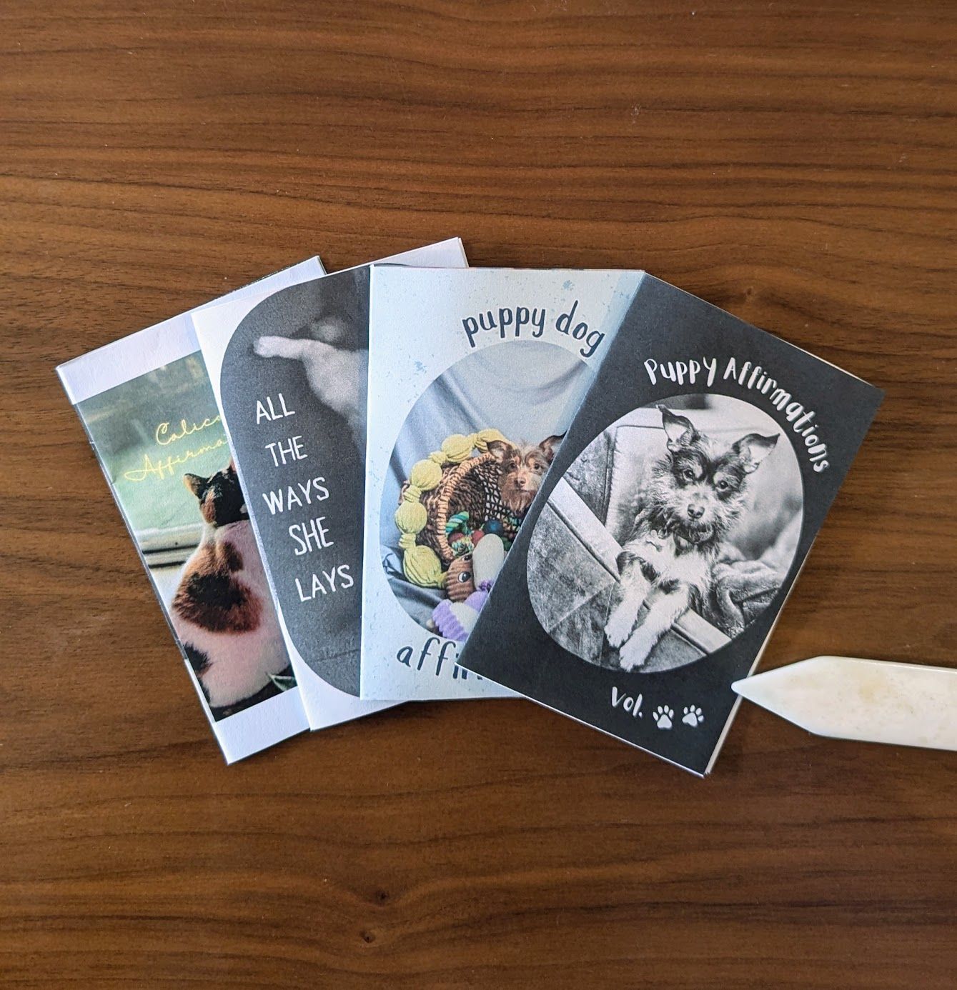 image of four zines fanned across a dark wooden table alongside a bone folder.