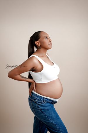 A series of maternity photos showing a pregnant woman in a white tank top and jeans against a neutral background.