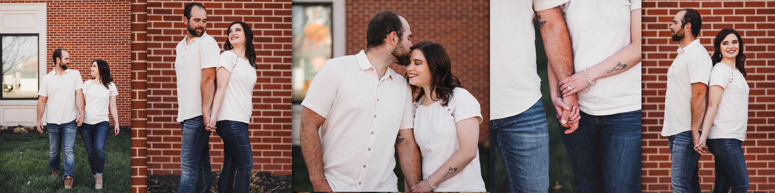 Three romantic artistic photo scenes showing a couple posing playfully against a brick wall background.