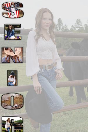 Senior portrait composite of a woman in white crop top and jeans leaning on a fence.