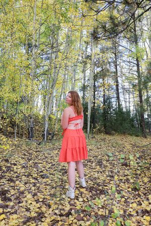 Young woman in coral dress standing among tall aspen trees covered in yellow fall foliage.