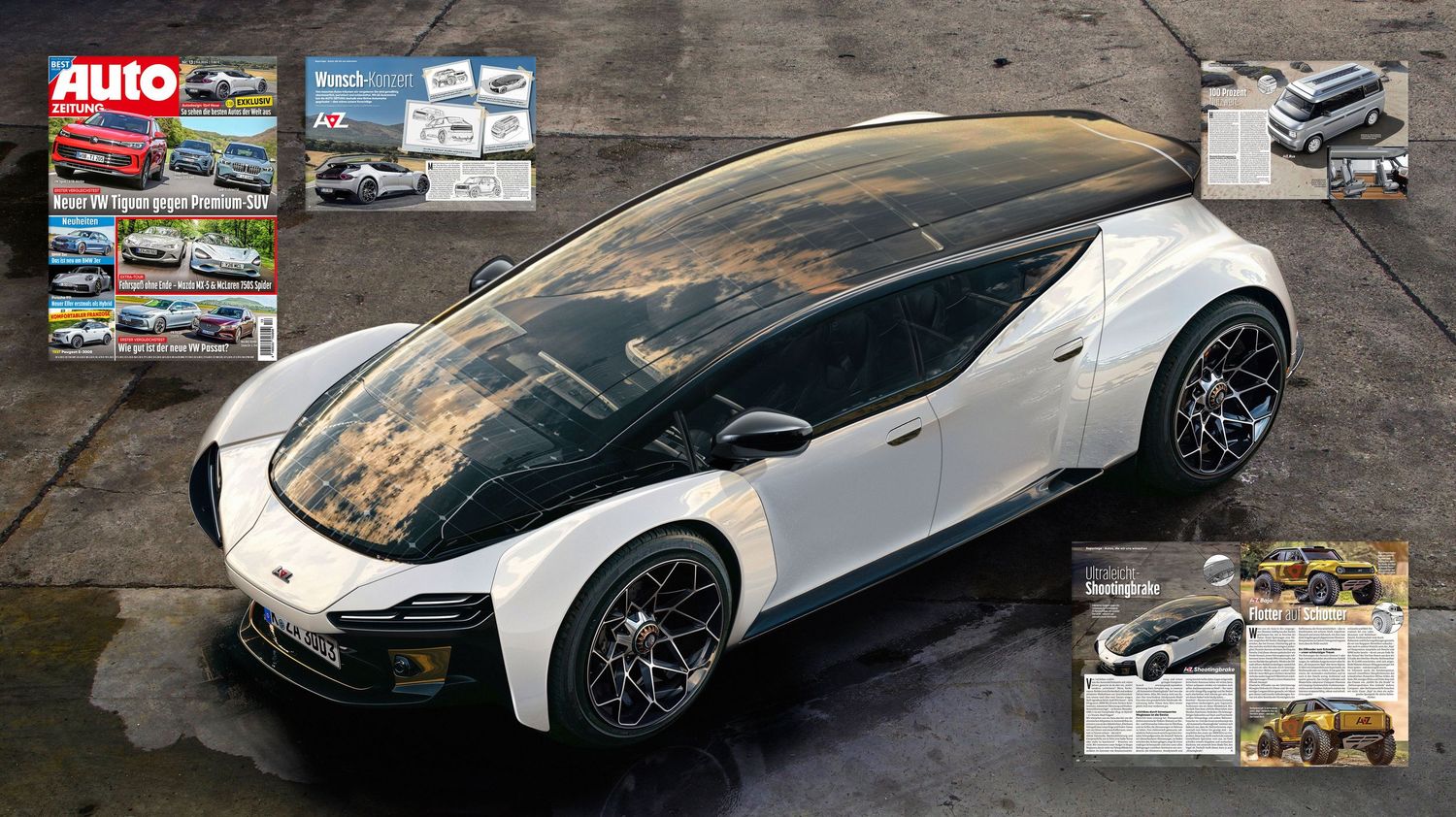 A sleek white concept car with black accents and a futuristic glass canopy shown among magazine layouts.