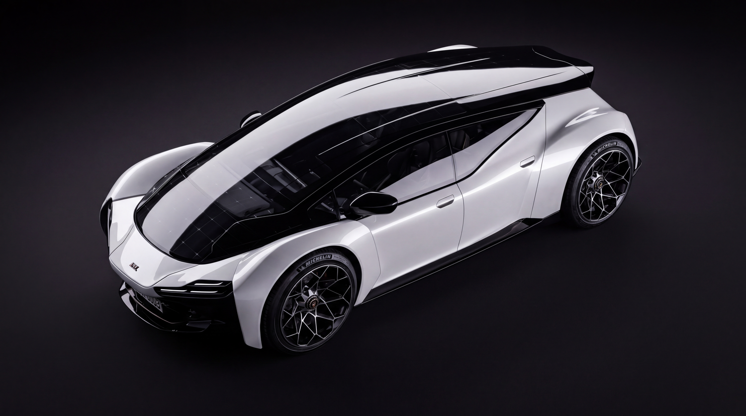 A sleek white concept car with black accents and a futuristic glass canopy shown among magazine layouts.