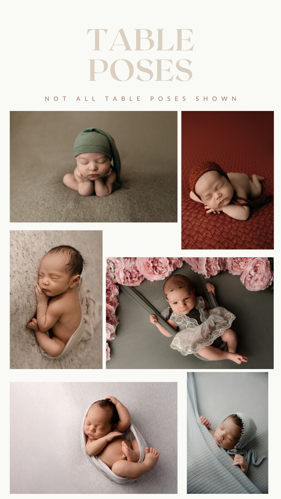 Professional newborn photography collection showing six different posed sleeping babies on various textured backgrounds.