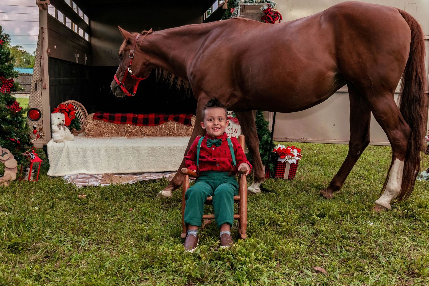 Holiday photo session outdoors with horse and Christmas decorations.