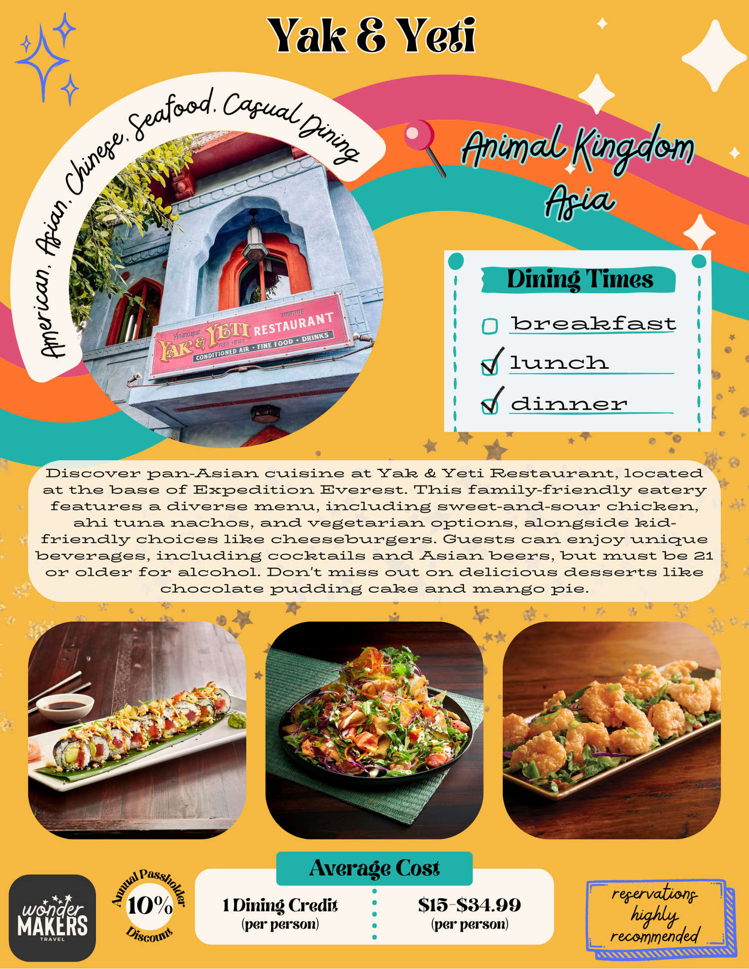 Menu board for Yak & Yeti restaurant showing Asian cuisine options with food photos and pricing.
