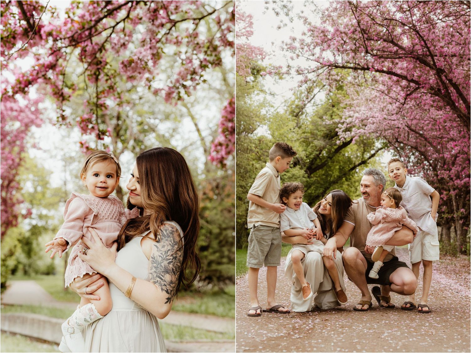 Edmonton Mom and baby in spring blossom trees.  Sherwood Park Family Photos with blossom trees, Edmonton spring family photography
