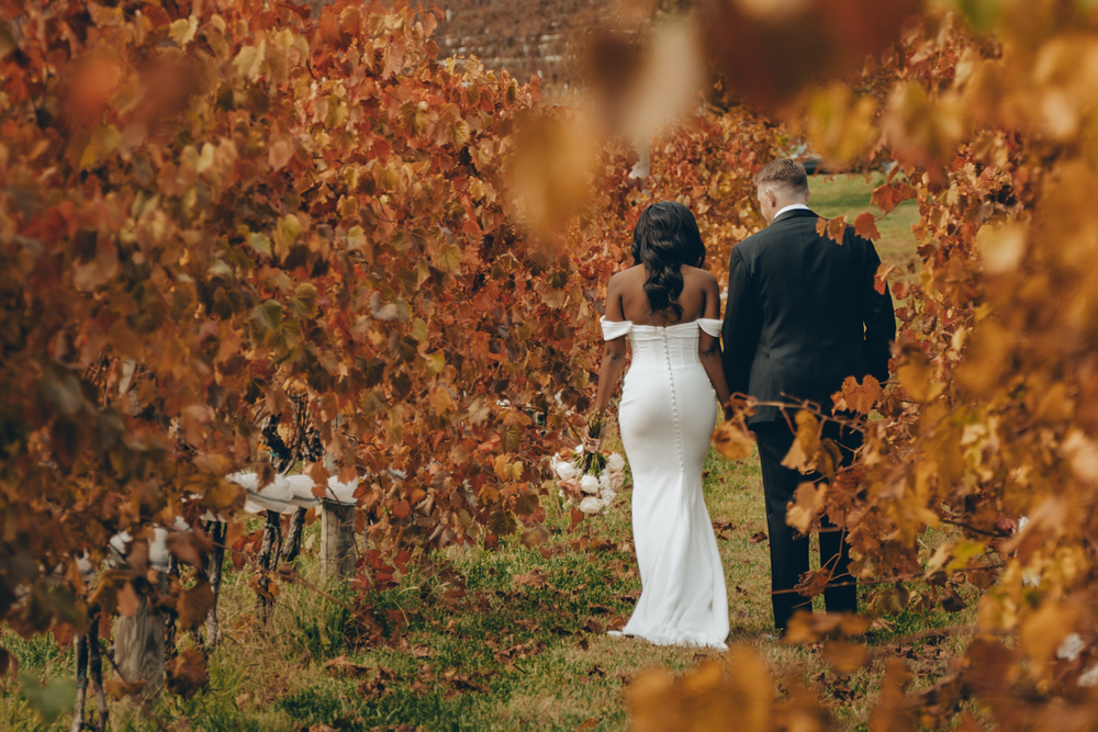 A couple walks through a vineyard in autumn surrounded by golden grape leaves during a wedding photo shoot.