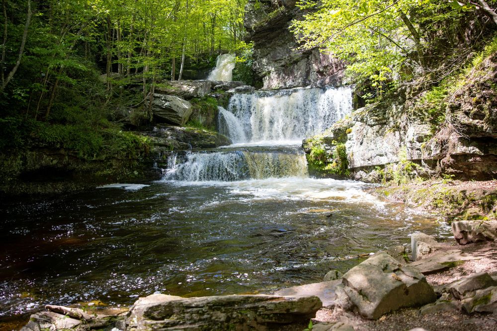 A cascading waterfall flows over rocky ledges into a calm pool in a green forest.