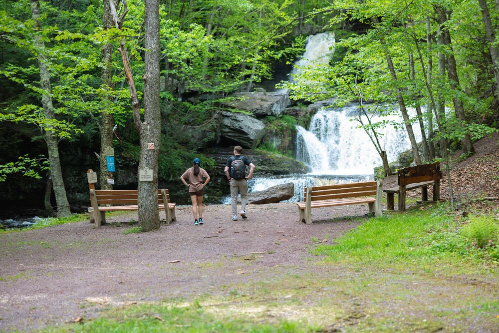 Hikers pause near wooden benches at a scenic waterfall surrounded by lush green forest.