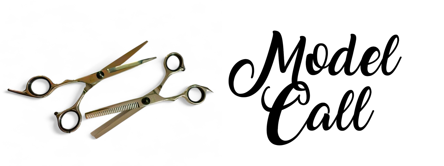 Decorative text showing the words 'Model Call' in elegant calligraphy style with scissors illustrations.