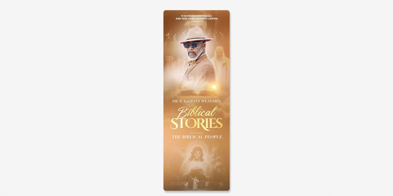 A vintage-style brown and gold promotional retractable banner featuring a figure in a hat with atmospheric sepia tones.