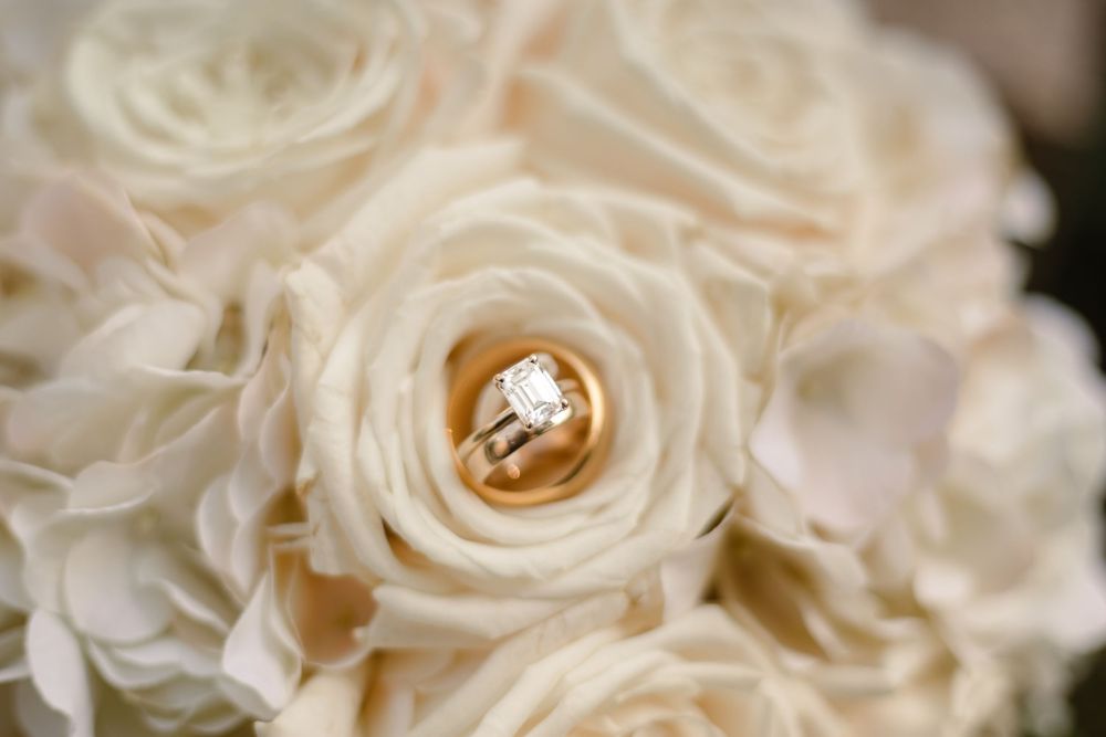 A close-up macro shot of delicate white roses with gold wedding rings nestled in their petals.