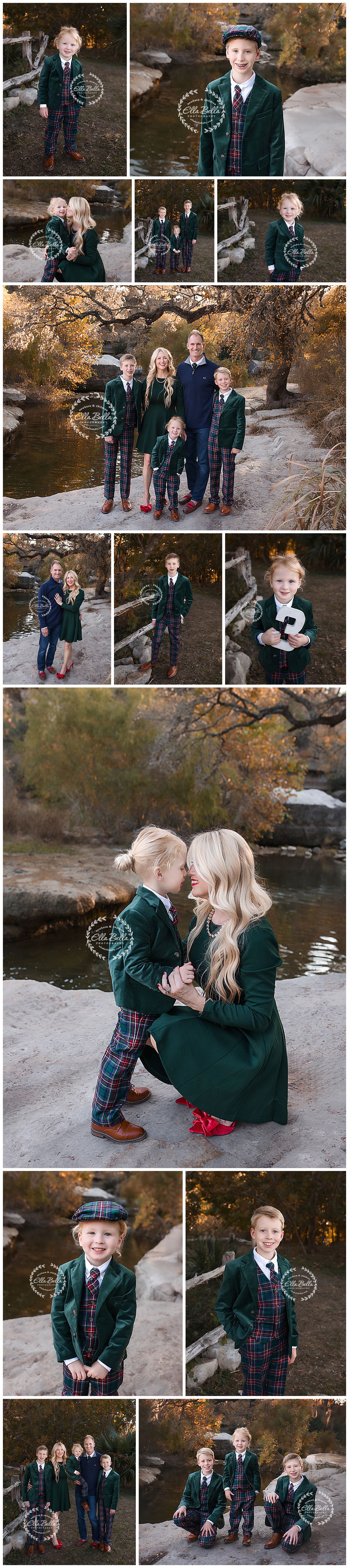 Family photo session in an outdoor setting with natural autumn lighting and scenic rock formations in the background.