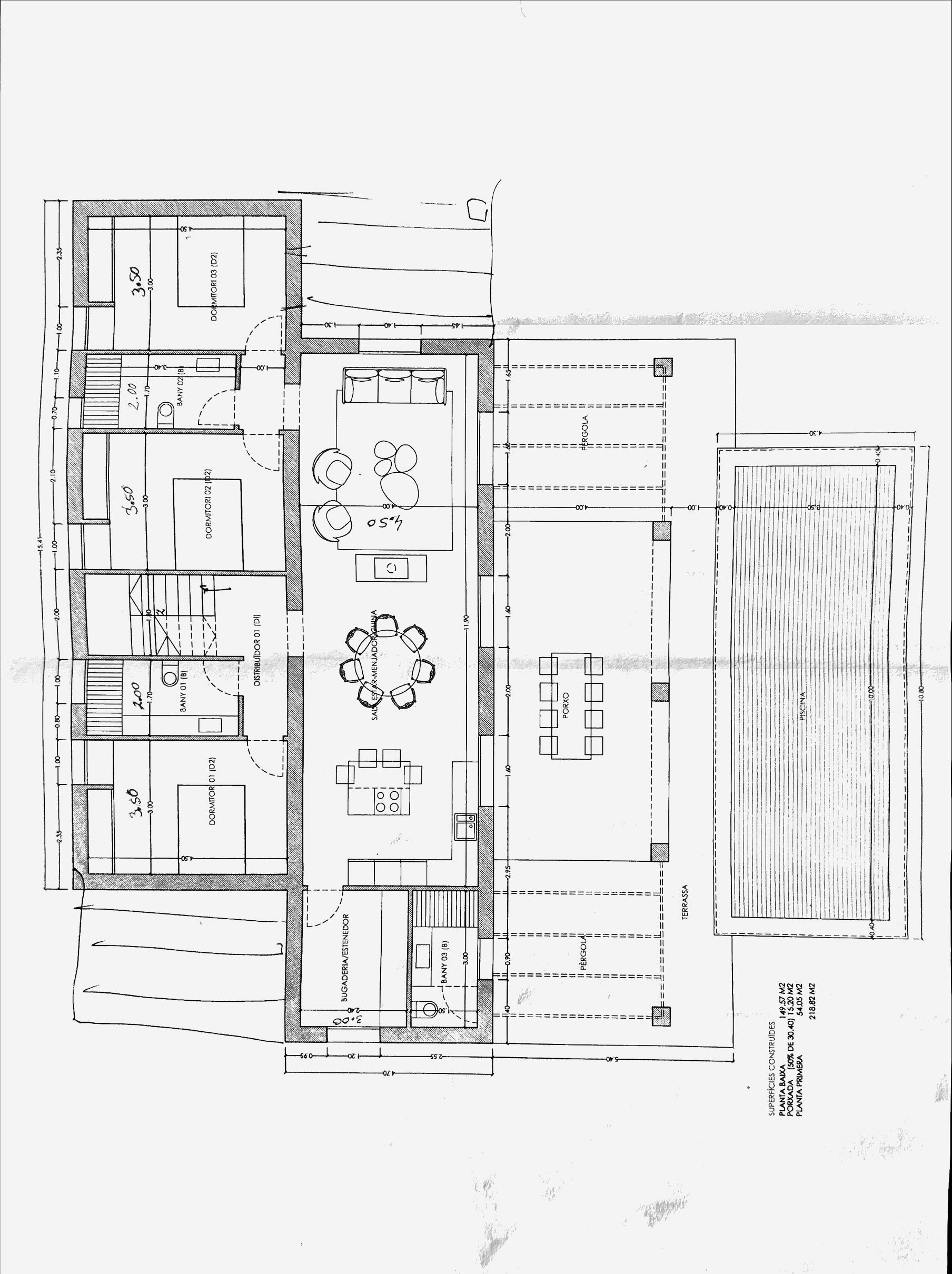 Architectural floor plans and elevations showing layout details of a modern residential building design.