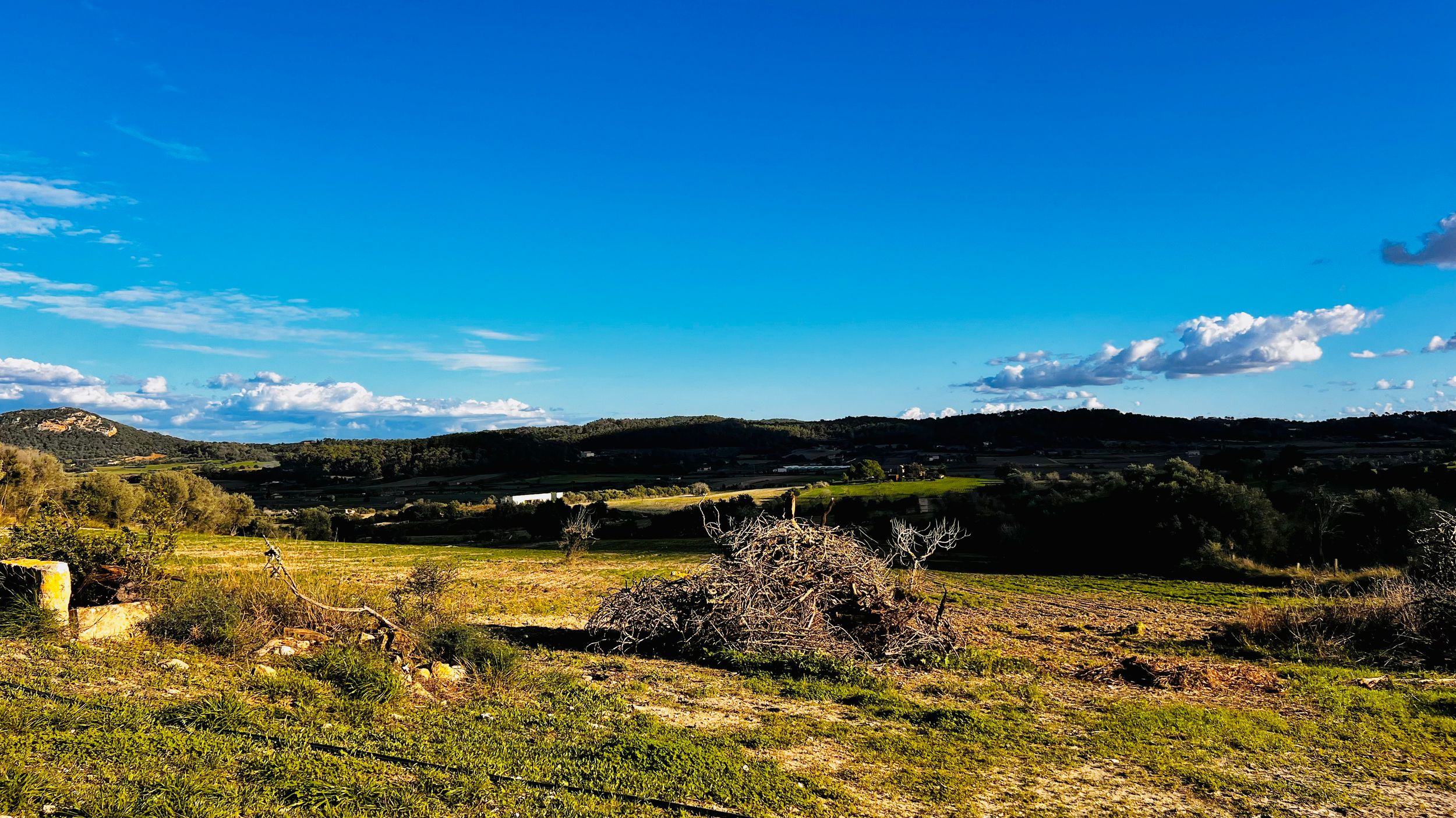 Panoramic view of rolling hills and mountains under bright blue sky with scattered clouds stretching across the horizon.